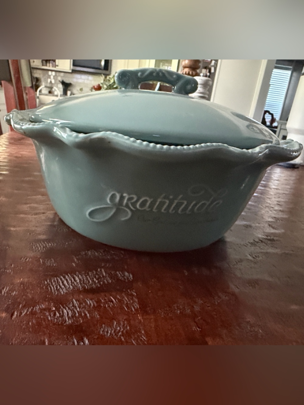Mary & Martha Gratitude Ceramic Covered Casserole - Seafoam Blue
